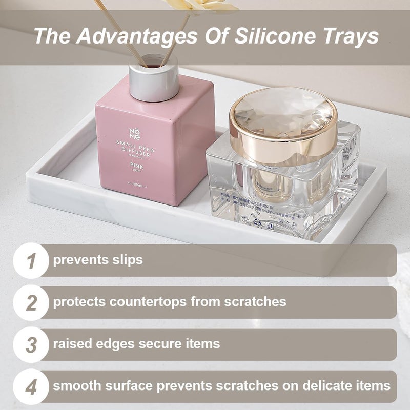 BasedFloor 2PCS 11.8” L x 5” W Silicone Soap Dispenser Tray, Bathroom Sink Vanity Trays for Dresser Tops, Toilet, Small Tray for Scrubber, Lotion Bottles, Perfume, Jewelry, Candle, Key Trinket Ring-White Marble - Image 4